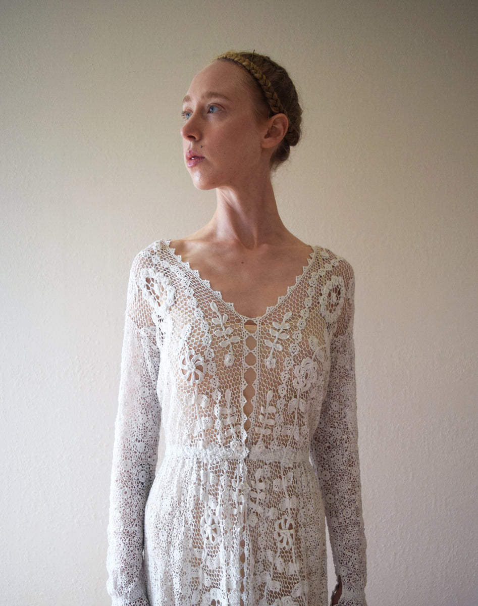 Antique Irish crochet lace dress . vintage wedding dress . size xs to bluefennel Antique Irish crochet lace dress . vintage wedding dress . size xs to bluefennel