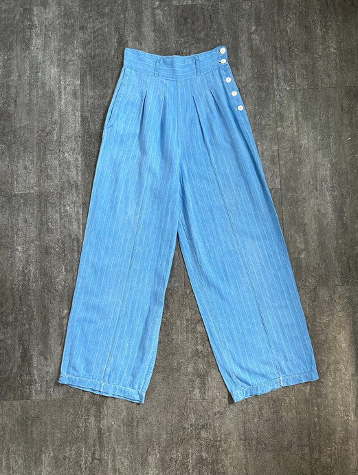 1930s 1940s pants . blue striped cotton trousers . 26-27 waist