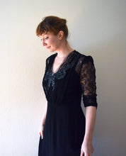 Load image into Gallery viewer, 1940s black gown . vintage 40s rayon and lace dress . size small to medium