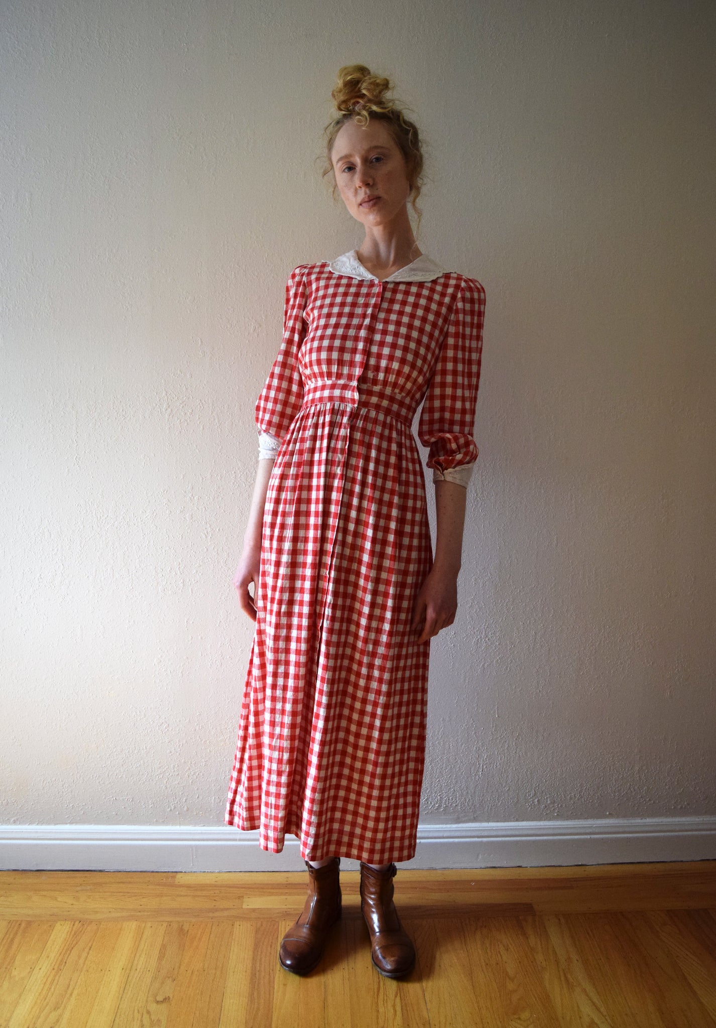 Antique gingham dress . Edwardian check day dress . size xs bluefennel Antique gingham dress . Edwardian check day dress . size xs bluefennel