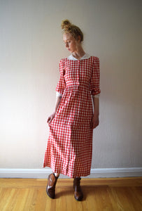 Antique gingham dress . Edwardian check day dress . size xs