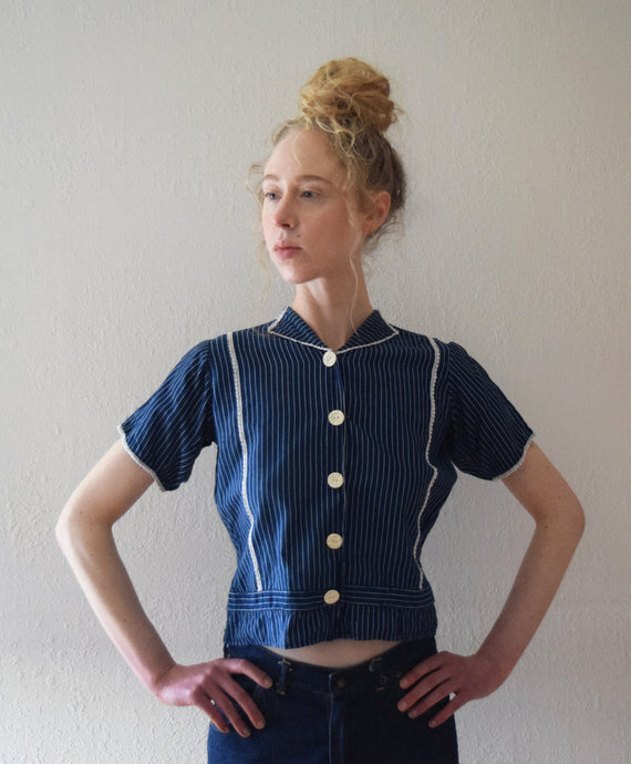 Vintage 1930s indigo blouse . 30s striped top . size small