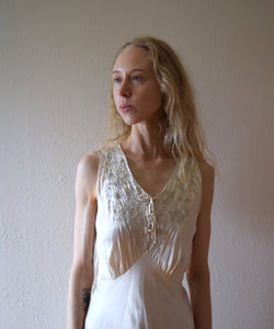 1930s hand embroidered silk bias cut gown . size small to medium