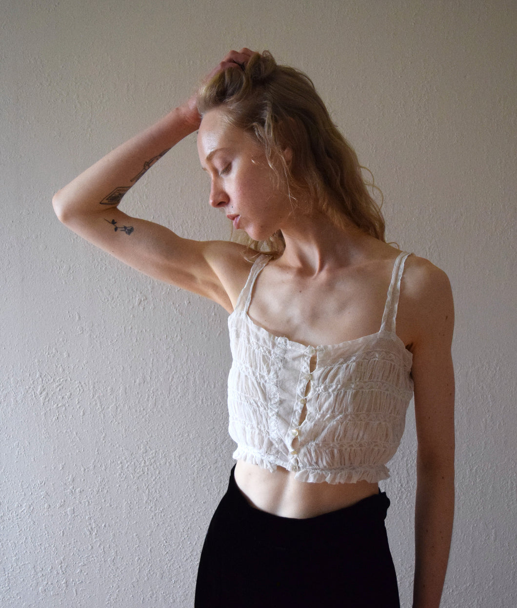 Antique net and lace top . vintage lingerie . size xxs to xs/small