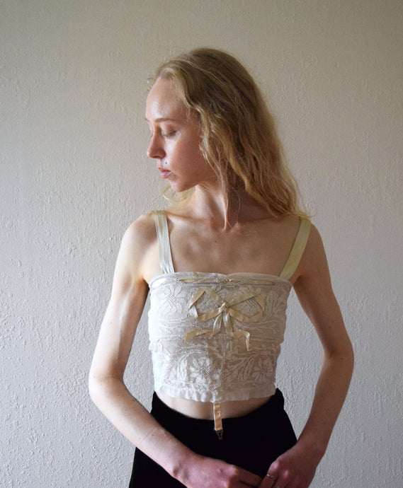 1920s antique lace bralette and silk ribbon camisole . size xxs to xs