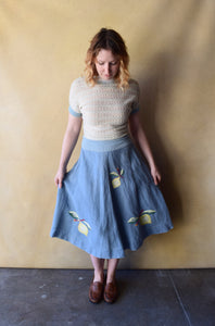 1940s 1950s linen skirt . raffia embroidery . size xs/s to s