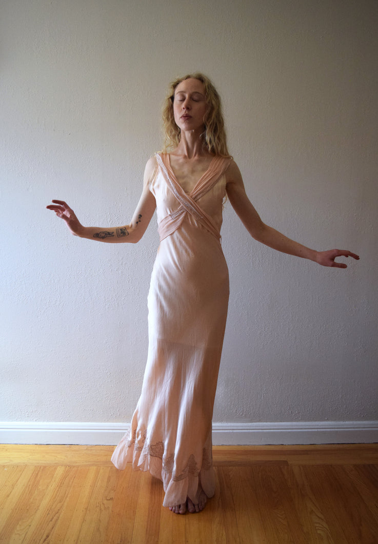 1930s bias cut silk satin and chiffon gown . size xs to small