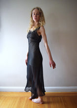 Load image into Gallery viewer, 1930s 1940s black chiffon nightgown . sheer silk gown . size xs to small