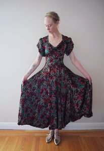 1940s floral satin gown . vintage dress . size xs