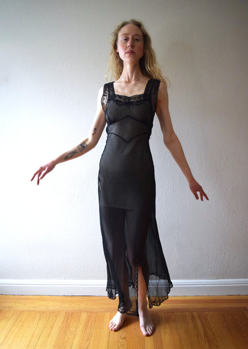 1930s 1940s black chiffon nightgown . sheer silk gown . size xs to small