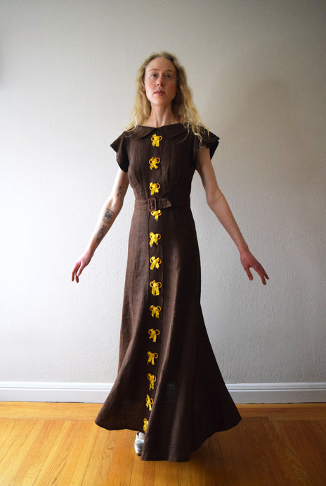 1930s linen gown . vintage 30s dress . size xs to small
