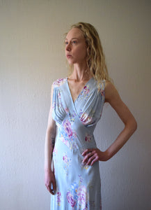 1940s floral print gown . vintage bias cut slip dress . size medium to large