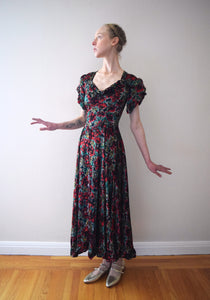 1940s floral satin gown . vintage dress . size xs