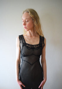 1930s 1940s black chiffon nightgown . sheer silk gown . size xs to small