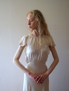 Vintage 1930s cream silk satin bias cut gown . bridal dress . size xs to small