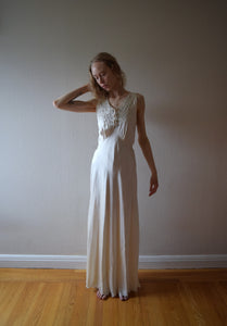 1930s hand embroidered silk bias cut gown . size small to medium