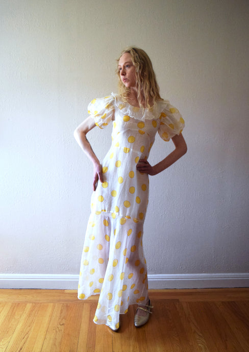 1930s polka dot gown . vintage organdy dress . size xs to xs/small
