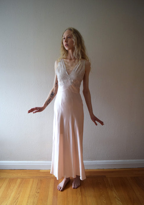1940s satin gown . vintage 40s pink nightgown . size xs to xs/small