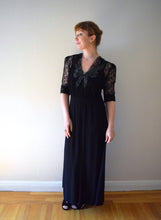 Load image into Gallery viewer, 1940s black gown . vintage 40s rayon and lace dress . size small to medium