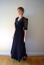 Load image into Gallery viewer, 1940s black gown . vintage 40s rayon and lace dress . size small to medium