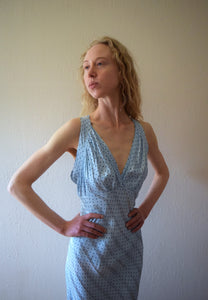 1930s 1940s polka dot nightgown . vintage blue slip dress . size s to m