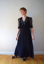 Load image into Gallery viewer, 1940s black gown . vintage 40s rayon and lace dress . size small to medium