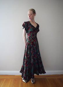 1940s floral satin gown . vintage dress . size xs