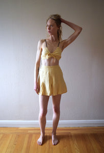 1930s 1940s playsuit . vintage yellow linen top and shorts . size xxs to xs
