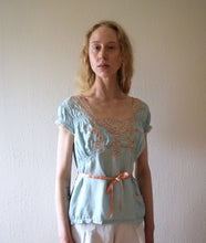 Load image into Gallery viewer, 1930s blue silk and rayon satin lingerie top . size small
