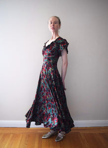 1940s floral satin gown . vintage dress . size xs