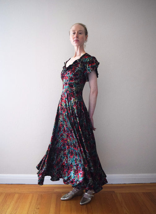1940s floral satin gown . vintage dress . size xs