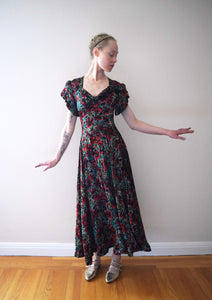 1940s floral satin gown . vintage dress . size xs
