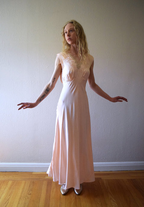 1930s silk satin bias cut gown . vintage 30s pink slip dress . size small to s/m