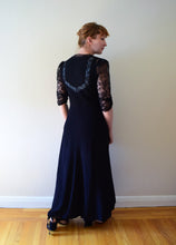 Load image into Gallery viewer, 1940s black gown . vintage 40s rayon and lace dress . size small to medium