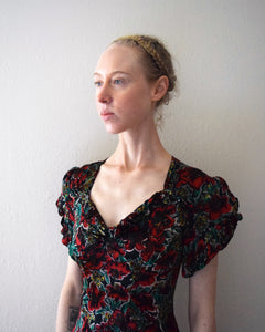 1940s floral satin gown . vintage dress . size xs