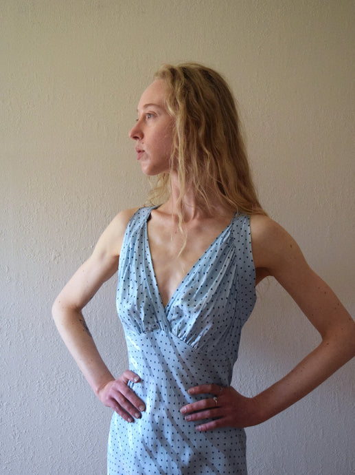 1930s 1940s polka dot nightgown . vintage blue slip dress . size s to m