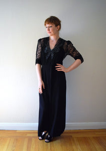 1940s black gown . vintage 40s rayon and lace dress . size small to medium