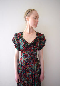 1940s floral satin gown . vintage dress . size xs