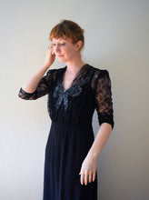 Load image into Gallery viewer, 1940s black gown . vintage 40s rayon and lace dress . size small to medium
