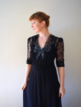 Load image into Gallery viewer, 1940s black gown . vintage 40s rayon and lace dress . size small to medium