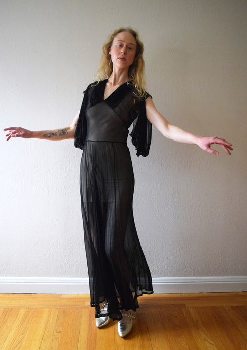 1930s sheer black gown . vintage 30s dress . size xs to xs/s