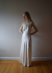 1930s hand embroidered silk bias cut gown . size small to medium