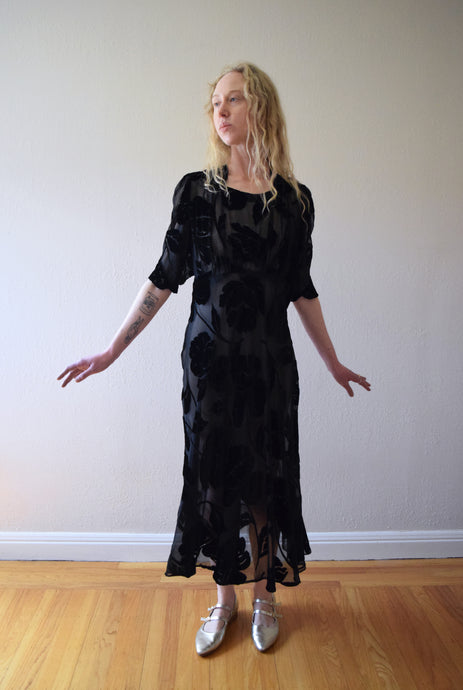 1930s 1940s black floral devore velvet dress . size xl