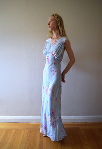 1940s floral print gown . vintage bias cut slip dress . size medium to large