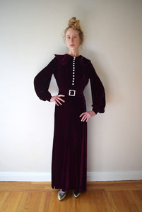 1930s silk velvet gown . vintage 30s velvet dress . size xs to small