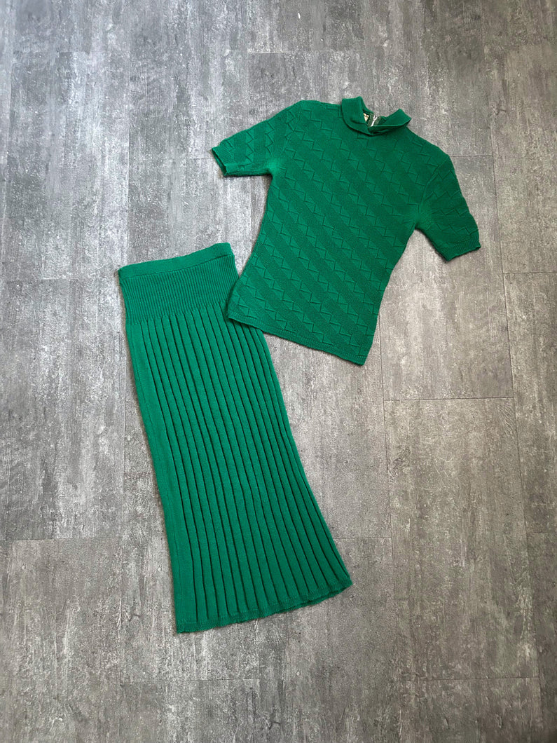 1940s knit dress set . vintage 40s green knitwear . size xs to medium