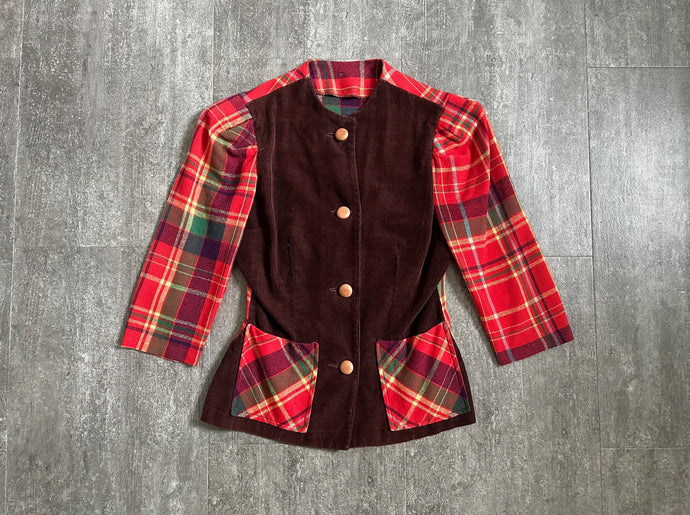 1940s fall top . vintage corduroy and plaid top . size s/m
