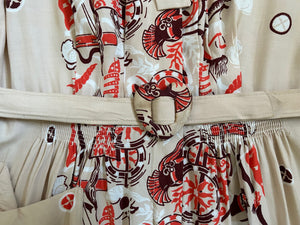 1940s novelty print dress . chariot print dress . size m to m/l