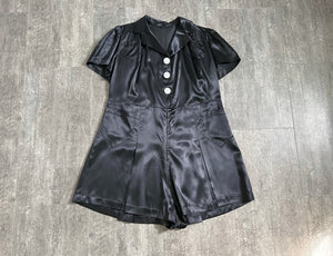 1940s satin romper . black vintage playsuit . size xl to xxl