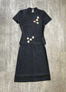 1940s 1950s knit set . Zodiac ribbon knit set . size s to m